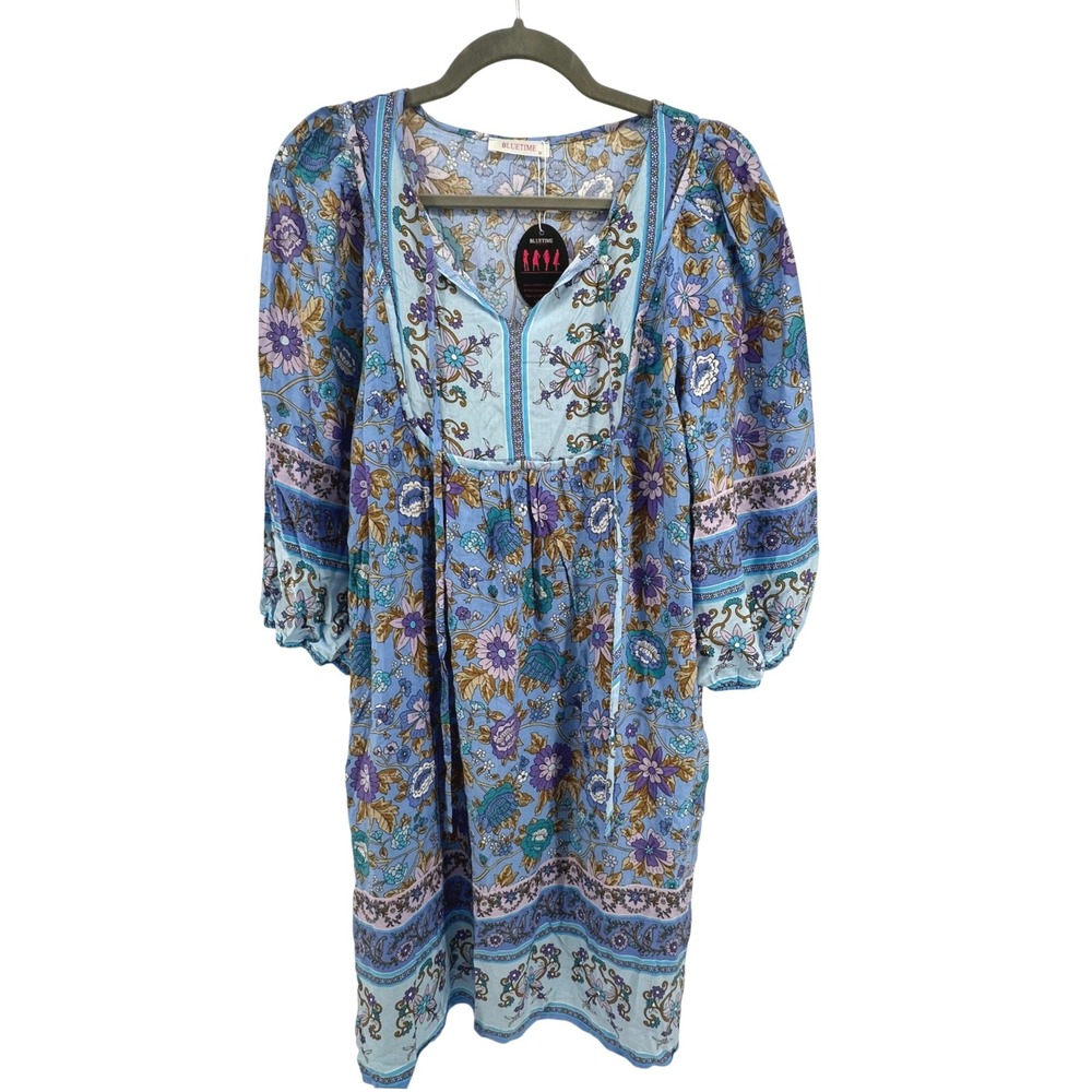 BlueTIme Floral Boho Tunic Dress Womens‎ M Blue Festival Beachy Hippie Flowy NWT